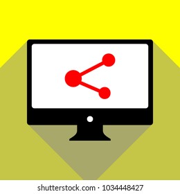 Share sign illustration. Vector. Red icon on white monitor of black all-in-one desktop computer with two shadows at yellow background.