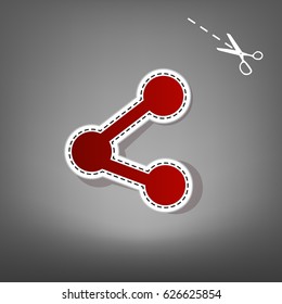 Share sign illustration. Vector. Red icon with for applique from paper with shadow on gray background with scissors.