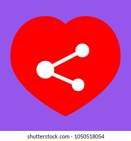 Share sign illustration. Vector. White icon in red heart at lavender background.