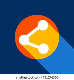 Share sign illustration. Vector. White icon on tangelo circle with infinite shadow of light at cool black background. Selective yellow and bright navy blue are produced.