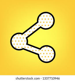 Share sign illustration. Vector. Yellow polka dot white icon with black contour at warm yellow background.