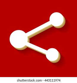 Share sign illustration. White button icon with wood color and shadow on dark red background.