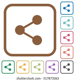 Share simple icons in color rounded square frames on white background
