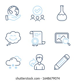 Share, Smile and Snow weather line icons set. Diploma certificate, save planet, group of people. Chemistry lab, Search photo and Pencil signs. Male user, Comic chat, Snowflake. Laboratory. Vector