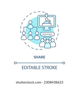 Comparte historias y experiencias en un ícono de concepto turquesa. Espacio seguro. Conferencia en línea. Gente juntos. La comunidad apoya la idea abstracta de la ilustración en línea delgada. Dibujo de contorno aislado. Trazo editable