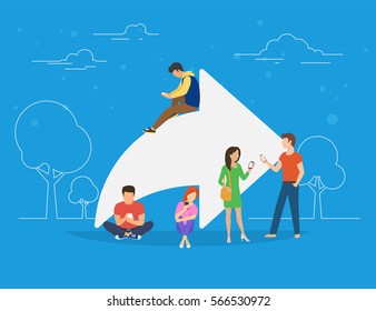 Share symbol concept illustration of young people using mobile smartphone for sharing posts in social networks. Flat people addicted to posting images and news sitting on big symbol