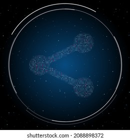 El símbolo de la acción rellenado con puntos blancos. Estilo de puntillismo. Algunos puntos son rosas. Ilustración vectorial sobre fondo azul con estrellas