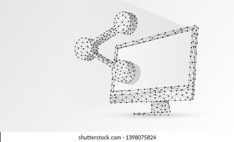 Share symbol on computer monitor. Business connect, people communication concept. Abstract, digital, wireframe, low poly mesh, polygonal vector white origami 3d illustration. Triangle, line, dot