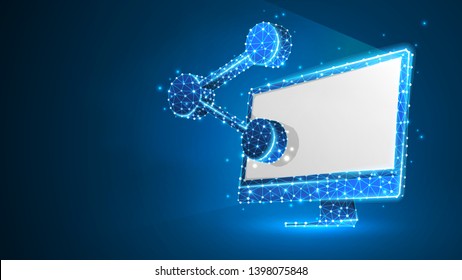 Share symbol on white computer monitor. Business connect, people communication concept. Abstract, digital, wireframe, low poly mesh, polygonal vector blue neon 3d illustration. Triangle, line, dot