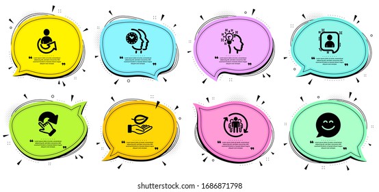 Share, Teamwork and Idea signs. Chat bubbles with quotes. Leaf, Developers chat and Time management line icons set. Rotation gesture, Smile chat symbols. Plant care, Manager talk. People set. Vector