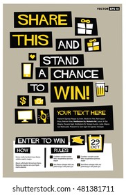 Share This And Stand A Chance To Win! (Flat Style Vector Illustration Contest Poster Design For Social Media) With Instructions and Rules