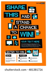 Share This And Stand A Chance To Win! (Flat Style Vector Illustration Contest Poster Design For Social Media) With Instructions And Rules