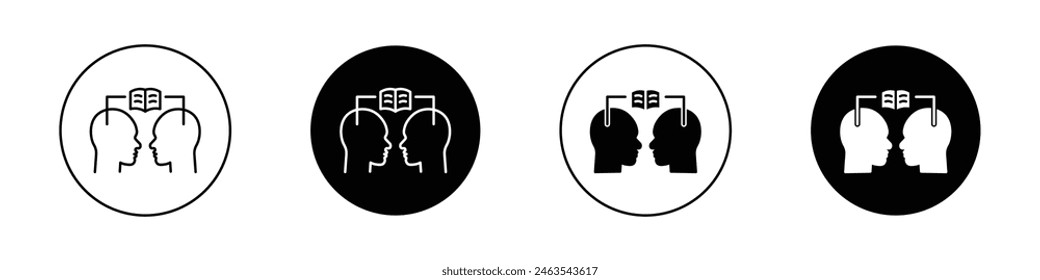 conjunto de iconos de Compartir pensamientos. símbolo de Vector de intercambio de conocimiento de dos personas. Iniciar sesión de la reunión de mentores expertos estilo relleno y delineado en negro.