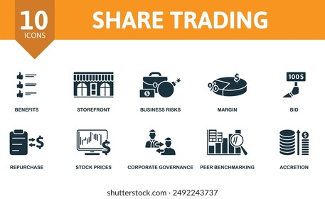 Share Trading icon set. Benefits, Storefront, Business Risks, Margin, Bid, Repurchase, Stock Prices, Corporate Governance, Peer Benchmarking, Accretion icons.