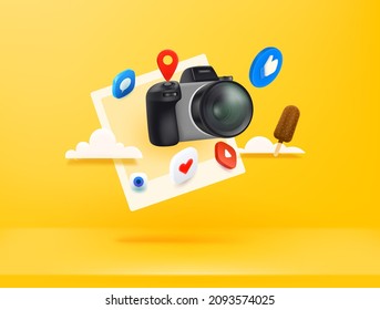 Share vacation photos concept  3d style vector illustration