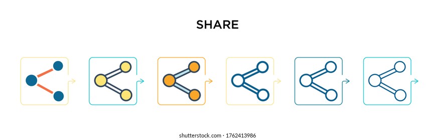 Share vector icon in 6 different modern styles. Black, two colored share icons designed in filled, outline, line and stroke style. Vector illustration can be used for web, mobile, ui