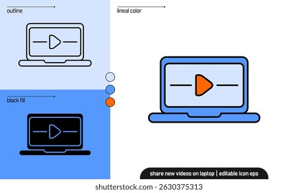 Share video app on laptop in lineal color, outline, and black fill icon styles. Editable vector perfect for UI, social media, technology, and streaming concepts.