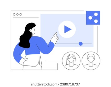 Share videos isolated cartoon vector illustrations. Group of people sharing video via online teaching app, virtual classroom, video conferencing, data visualization vector cartoon.