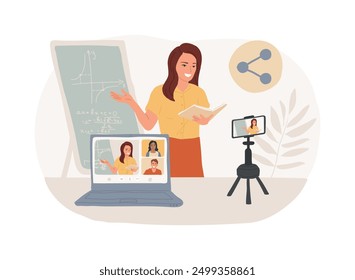 Share videos isolated cartoon vector illustrations. Group of people sharing video via online teaching app, virtual classroom, video conferencing, data visualization vector cartoon.