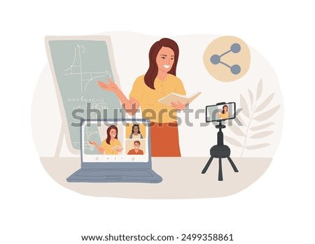 Share videos isolated cartoon vector illustrations. Group of people sharing video via online teaching app, virtual classroom, video conferencing, data visualization vector cartoon.