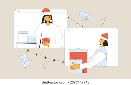Share virtual gifts on the Internet. Online Christmas date. New Year from afar. Happy friends on video call. Vector illustration with outline.