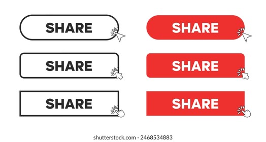 Share Web Button in Red Rectangle and outline style. Computer mouse click cursor or arrow pointer symbol