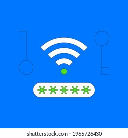 WLAN-Kennwort, Vektorgrafik freigeben. WiFi-Symbol, Passwort-Eingabefeld und zwei Schlüssel einzeln auf blauem Hintergrund. Datenschutzkonzept. Flacher dünner Linienstil.
