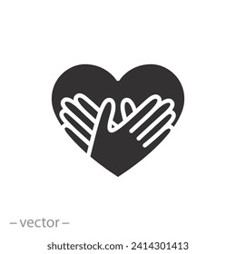 share your big love or kindness icon, hands with heart, charity donation concept, care gesture, flat symbol on white background - vector illustration