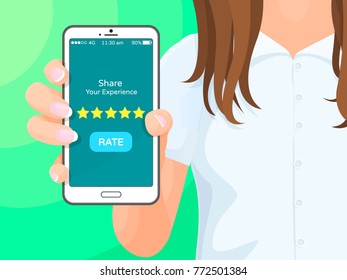 Share your experience, phone with application and button says rate, golden stars, smartphone in hands of woman, isolated on vector illustration