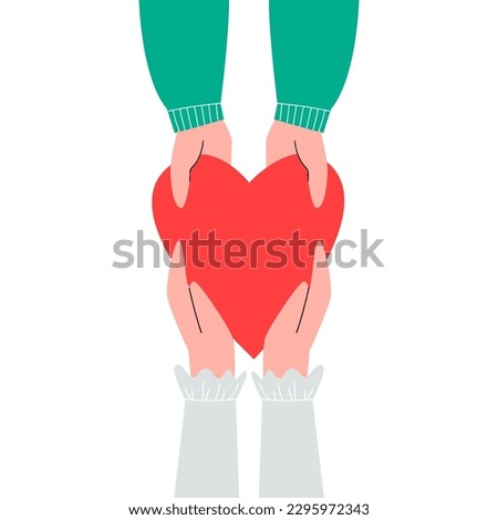 Share your heart. Two hands holding one red heart, romantic concept. Support and helping, social service for human. Relationships vector graphic