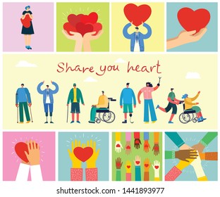 Share your heart. Vector background with disabled people, young invalid persons, men and women with physical disorder or impairment and hands with hearts.