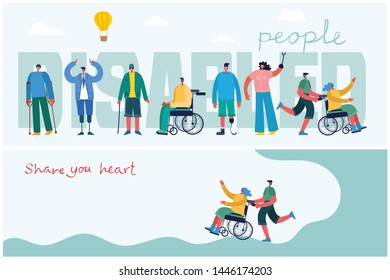 Share your heart. Vector background with disabled girl, young invalid person with friend and hands with heart