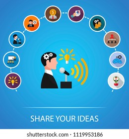 Share your ideas flat icons concept. Vector illustration. Element template for design.