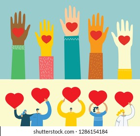 Share your Love. Hands with hearts as love massages. Vector illustration for Valentine's day in the modern flat style