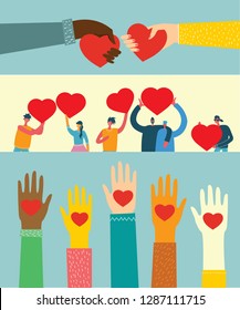 Share your Love. Hands with hearts as love massages. Vector illustration for Valentine's day in the modern flat style