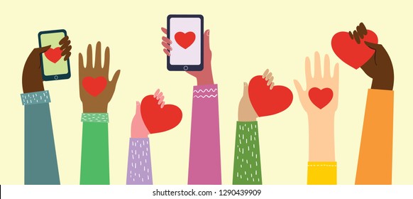 Share your Love. Hands with hearts, phones with hearts as love massages. Vector illustration for Valentine's day in the modern flat style 