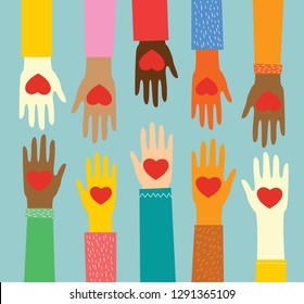 Share your Love. Hands with hearts as love massages. Vector illustration for Valentine's day in the modern flat style