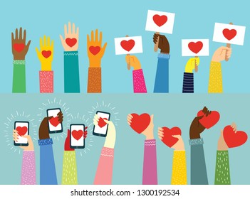 Share your Love. Hands with hearts as love massages. Vector illustration for Valentine's day in the modern flat style