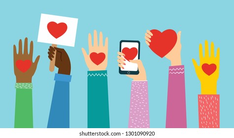 Share your Love. Hands with hearts, phone and banner with hearts as love massages. Vector illustration for Valentine's day in the modern flat style 