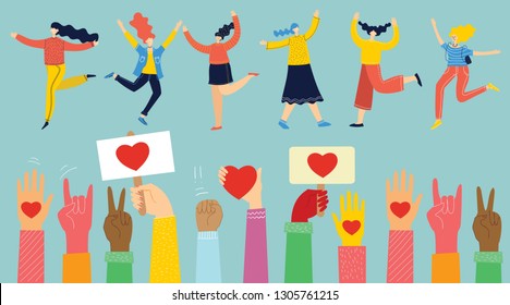 Share your Love. Hands with hearts, phone and banner with hearts and happy dancing girls as love massages. Vector illustration for Valentine's day in the modern flat style