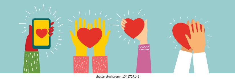 Share your Love. Hands with hearts as love massages. Vector illustration for Valentine's day in the modern flat style
