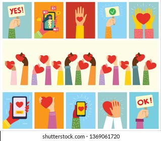 Share your Love. Hands with hearts as love massages. Vector illustration for Valentine's day in the modern flat style