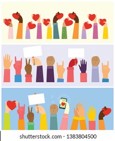 Share your Love. Hands with hearts as love massages. Vector illustration for Valentine's day in the modern flat style