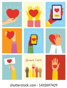 Share your Love. Hands with hearts as love massages. Vector illustration for Valentine's day in the modern flat style