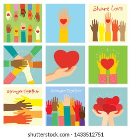 Share your Love. Hands with hearts as love massages. Vector illustration for Valentine's day in the modern flat style