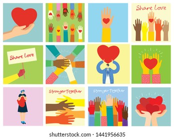 Share your Love. Hands with hearts as love massages. Vector illustration for Valentine's day in the modern flat style