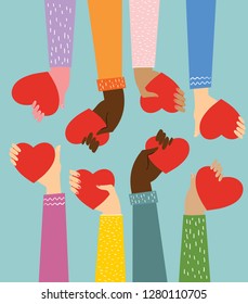 Share your Love. Hands holding hearts  for love massages. Vector illustration for Valentine's day in the modern flat style