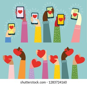 Share your Love. Hands holding hearts and smart phones with hearts for love massages. Vector illustration for Valentine's day in the modern flat style