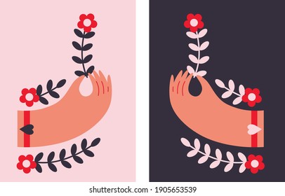Share your Love. Hands holding flowers as love messages. Illustration for Valentine's day in the vintage style. Holding hands gestures. Love concepts, sticker design elements. Valentine's day cards.