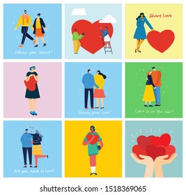 Share your Love. Hands and people with hearts as love massages. Vector illustration for Valentine's day in the modern flat style